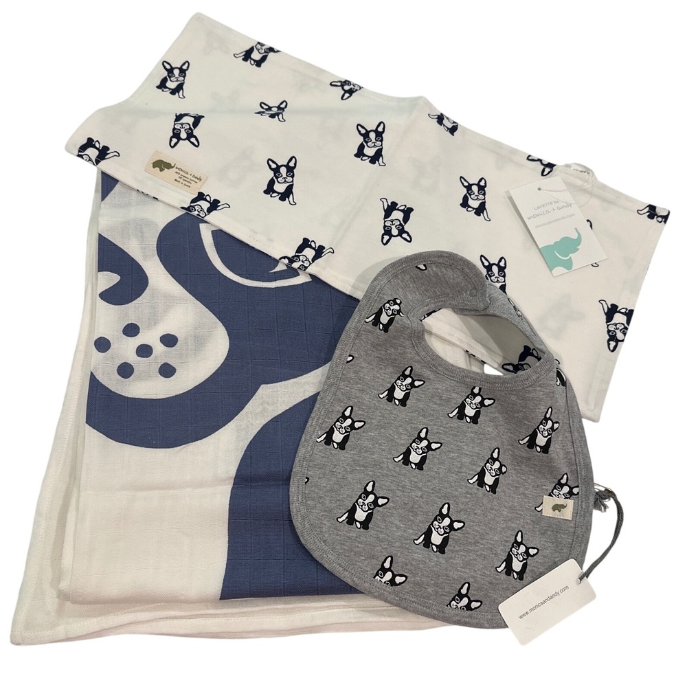 Monica + Andy French Bulldog Swaddle, Burp Cloth, Bib Organic Cotton Set NWT